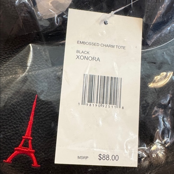 NWT $88 BETSEY JOHNSON Paris Embossed Charm Tote Purse Faux Leather Black Gift - Picture 7 of 10